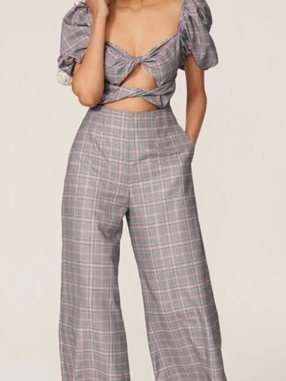 High-Waist Wide-Leg Plaid Pants - Pink & Gray